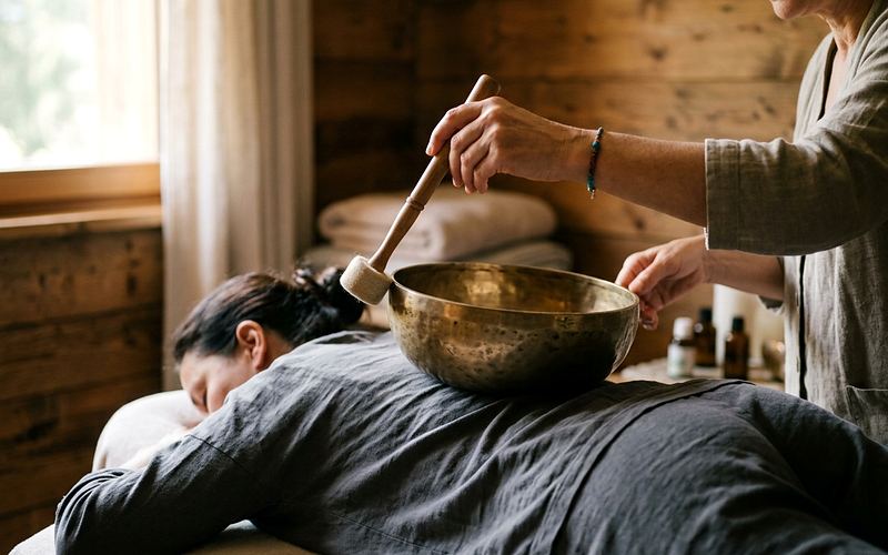 Praticienne frappant un bol tib&eacute;tain pos&eacute; sur le dos d'une femme allong&eacute;e habill&eacute;e lors d'un massage sonore
