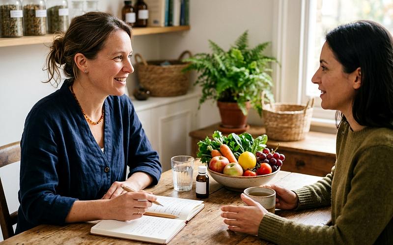 Conseiller en naturopathie recevant une personne accompagnée en cabinet pour un bilan de vitalité