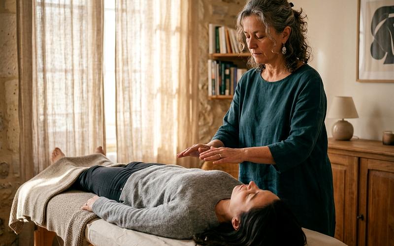 &Eacute;nerg&eacute;ticienne tenant ses mains au-dessus du buste d'une femme allong&eacute;e habill&eacute;e lors d'une s&eacute;ance d'imposition des mains