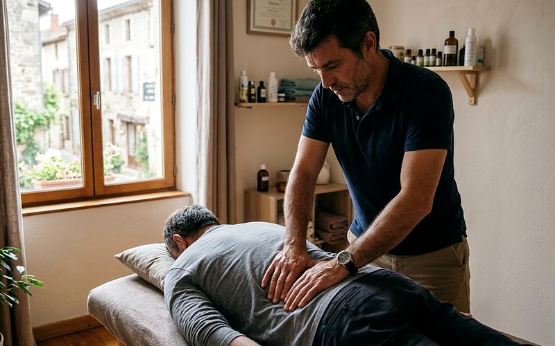 Séance d'étiopathie : un praticien pose les mains sur le bas du dos d'un homme allongé
