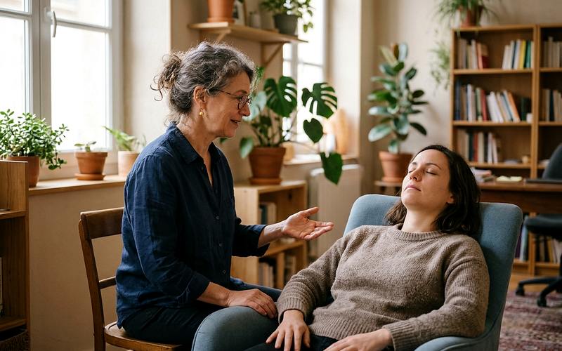 Hypnose humaniste : une praticienne guide une femme assise dans un fauteuil, yeux fermés, lors d'une séance