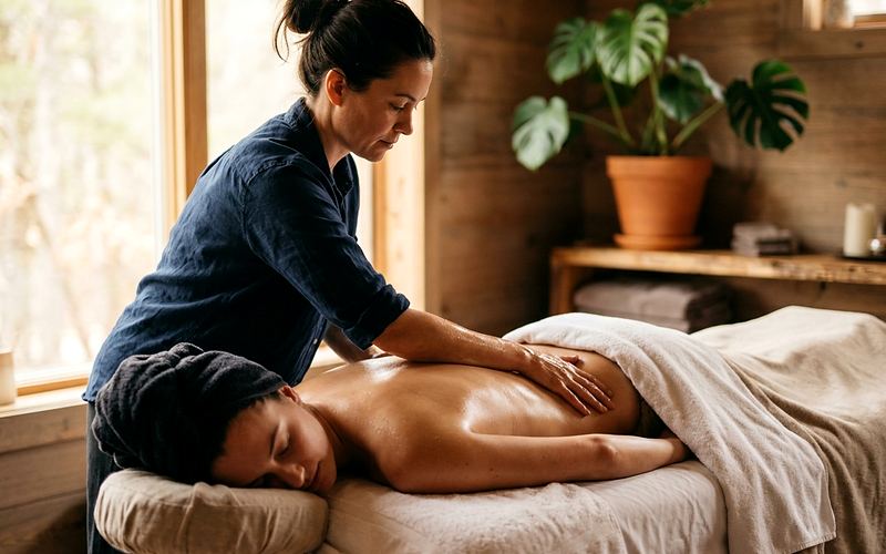 Praticienne r&eacute;alisant un massage lomi lomi aux avant-bras en longs mouvements sur une personne allong&eacute;e