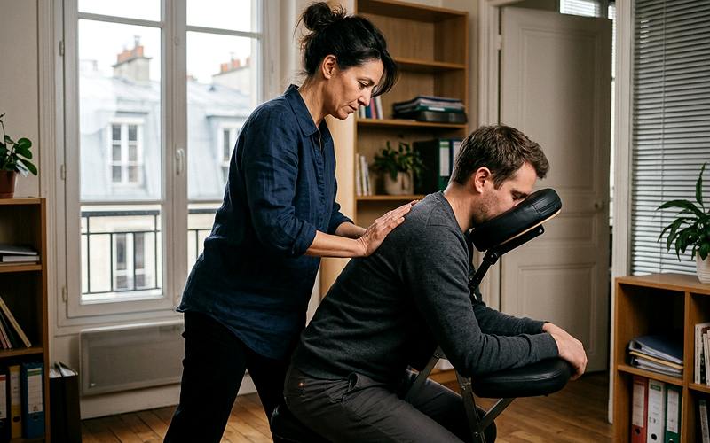 Massage Amma assis : une praticienne exerce des pressions sur les &eacute;paules d'un salari&eacute; install&eacute; sur une chaise ergonomique