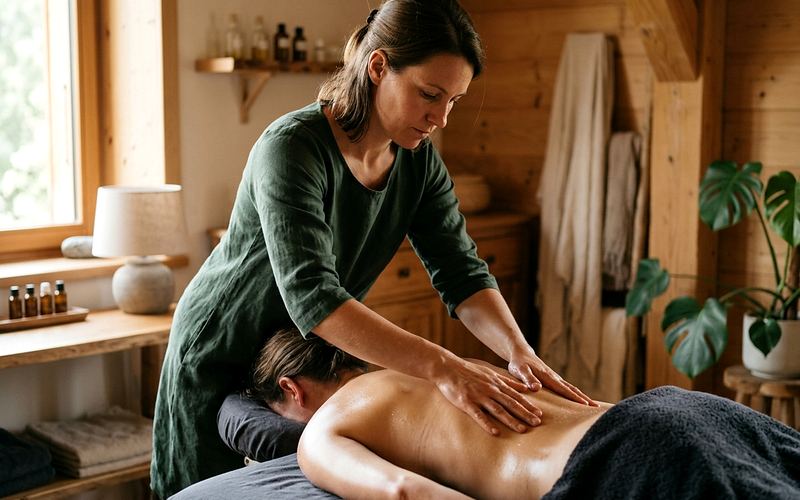 Praticienne r&eacute;alisant un massage californien avec de longs effleurages sur le dos