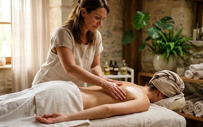 Praticienne r&eacute;alisant un massage su&eacute;dois du dos avec de longs mouvements d'effleurage en cabine
