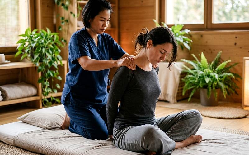 Praticienne guidant un étirement assisté lors d'une séance de massage thaï au sol