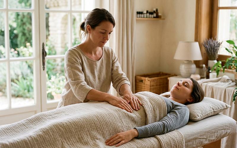 Praticienne r&eacute;alisant un massage visc&eacute;ral, mobilisation douce de l'abdomen d'une cliente allong&eacute;e