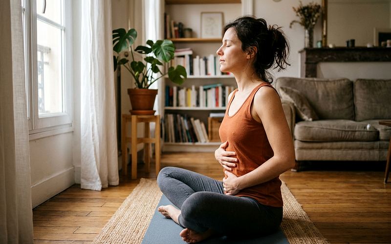 M&eacute;thode Wim Hof : une femme assise sur un tapis pratique une respiration profonde, mains pos&eacute;es sur le ventre