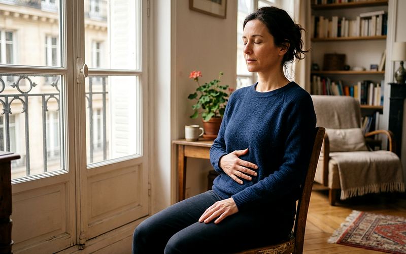 Femme assise près d'une fenêtre pratiquant une respiration abdominale lente pour stimuler le nerf vague, main posée sur le ventre