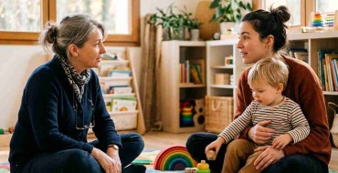 Accompagnement à la parentalité : une accompagnante échange avec une mère et son jeune enfant