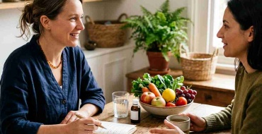 Conseiller en naturopathie recevant une personne accompagnée en cabinet pour un bilan de vitalité