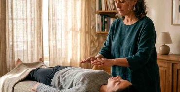 Énergéticienne tenant ses mains au-dessus du buste d'une femme allongée habillée lors d'une séance d'imposition des mains