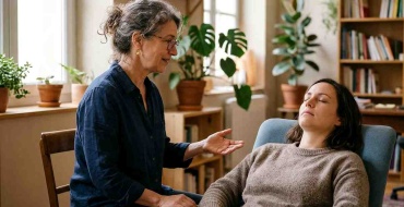 Hypnose humaniste : une praticienne guide une femme assise dans un fauteuil, yeux fermés, lors d'une séance