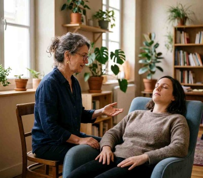Hypnose humaniste : une praticienne guide une femme assise dans un fauteuil, yeux fermés, lors d'une séance