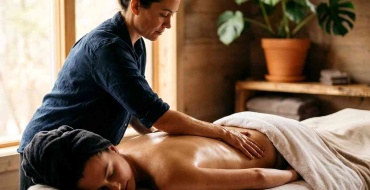 Praticienne réalisant un massage lomi lomi aux avant-bras en longs mouvements sur une personne allongée