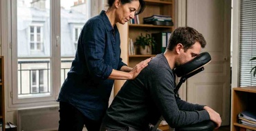 Massage Amma assis : une praticienne exerce des pressions sur les épaules d'un salarié installé sur une chaise ergonomique