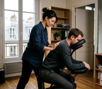 Massage Amma assis : une praticienne exerce des pressions sur les épaules d'un salarié installé sur une chaise ergonomique