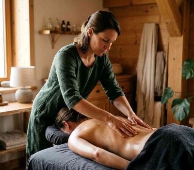 Praticienne réalisant un massage californien avec de longs effleurages sur le dos