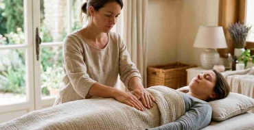 Praticienne réalisant un massage viscéral, mobilisation douce de l'abdomen d'une cliente allongée