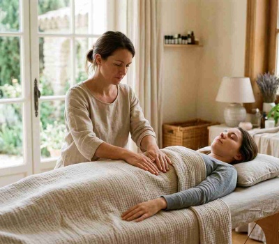 Praticienne réalisant un massage viscéral, mobilisation douce de l'abdomen d'une cliente allongée