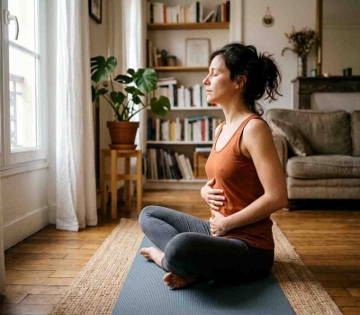 Méthode Wim Hof : une femme assise sur un tapis pratique une respiration profonde, mains posées sur le ventre
