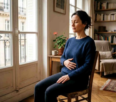 Femme assise près d'une fenêtre pratiquant une respiration abdominale lente pour stimuler le nerf vague, main posée sur le ventre