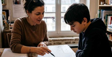 Séance de psychopédagogie : une praticienne montre à un collégien un planning de révisions en trois colonnes