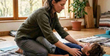 Accompagnante guidant un enfant dans une séance d'intégration des réflexes archaïques